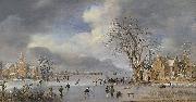 Aert van der Neer A winter landscape with skaters and kolf players on a frozen river, painting